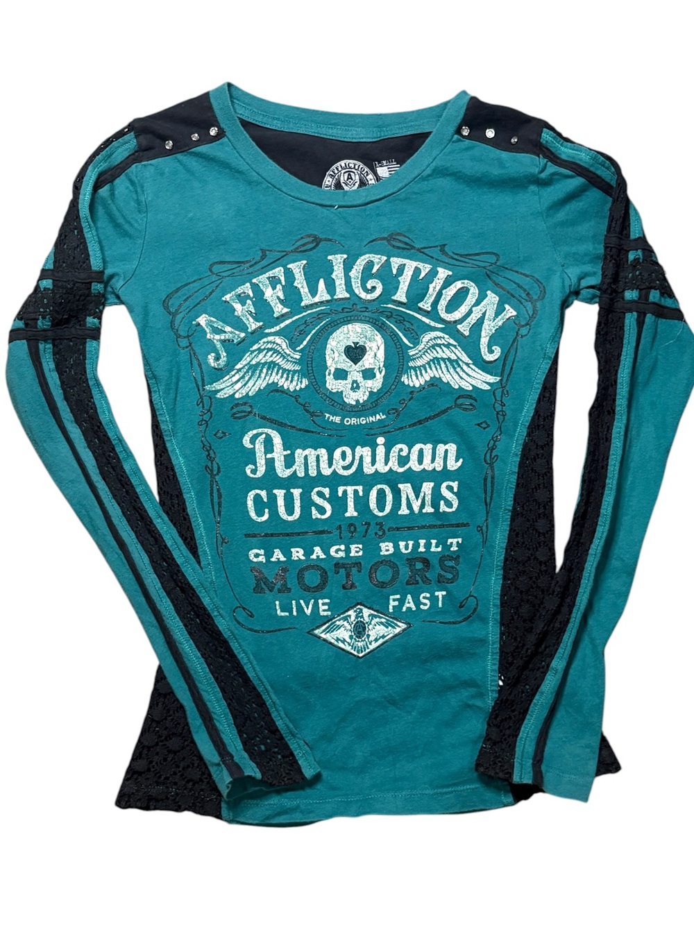 Affliction American Customs Garage Built Motors Teal Long Sleeve Y2K Small